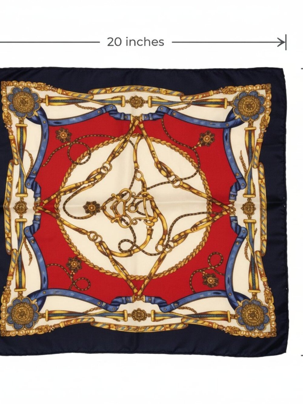 Regency Equestrian Chain Satin Scarf Red Navy Gold Cream 20x20 - Picture 8 of 8
